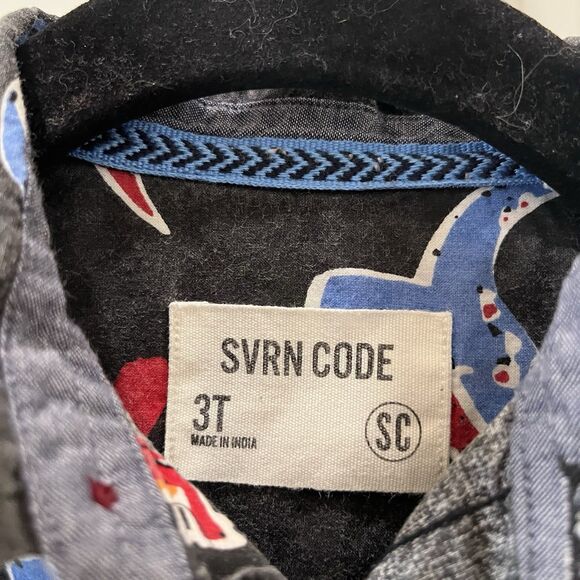 SVRN Sovereign Code Black Mulitcolor Dino Dinosaurs Print Button Up Shirt Sz 3T - Picture 4 of 8
